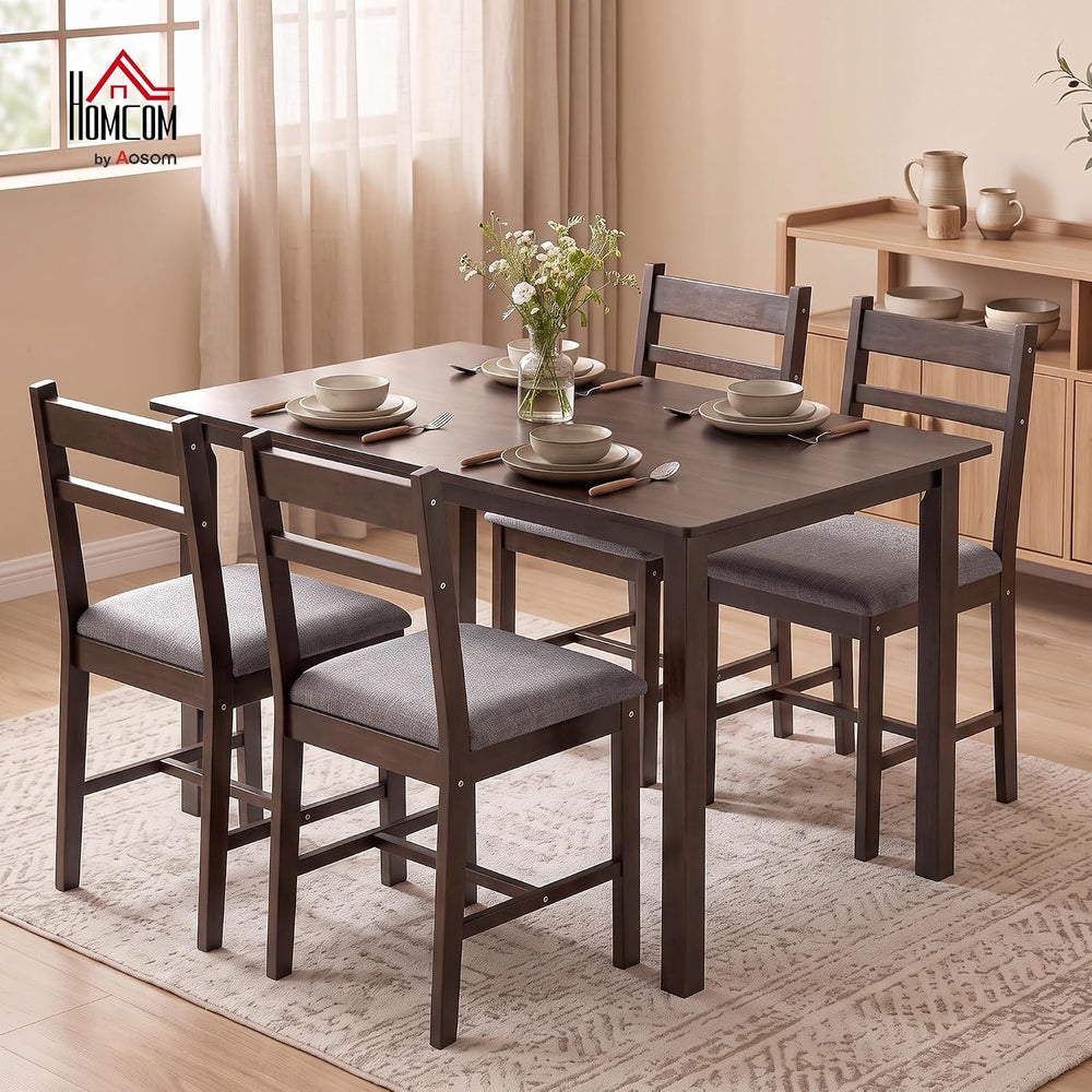 HOMCOM 5-Piece Solid Wood Dining Table Set for 4, Walnut and Gray