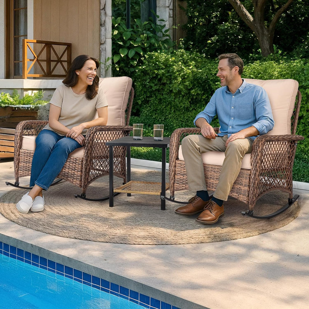 Wicker Rocking Chair, Rattan Patio Rocker with Cushion, Beige