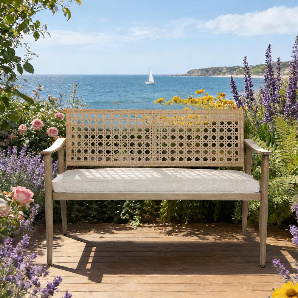 NOBLEMOOD Outdoor Patio Bench with Wicker Backrest,Cushion & Aluminum Frame