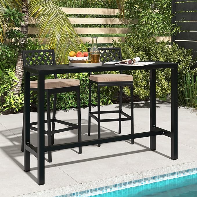 COSTWAY 3 Piece Outdoor Bar Table and Chairs Set, 55" Pub Height Bar Tab...