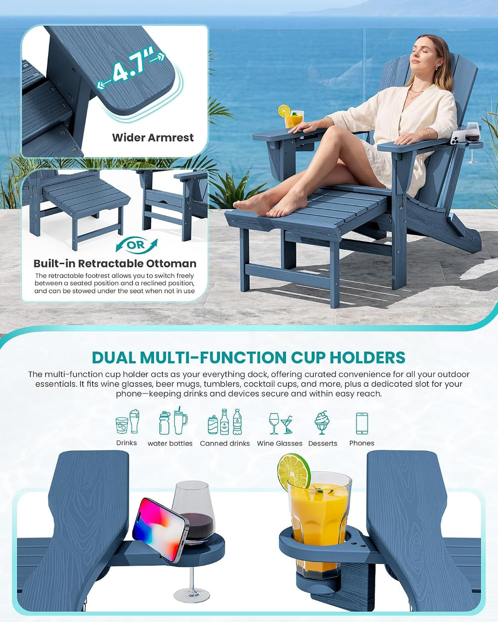SERWALL HDPE Folding Adjustable Adirondack Chair with Footrest, Blue