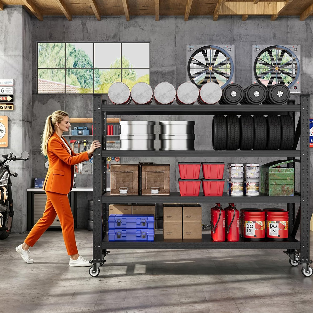 55.1” Wide Heavy Duty Metal Garage Shelving, Steel Shelf with Wheels