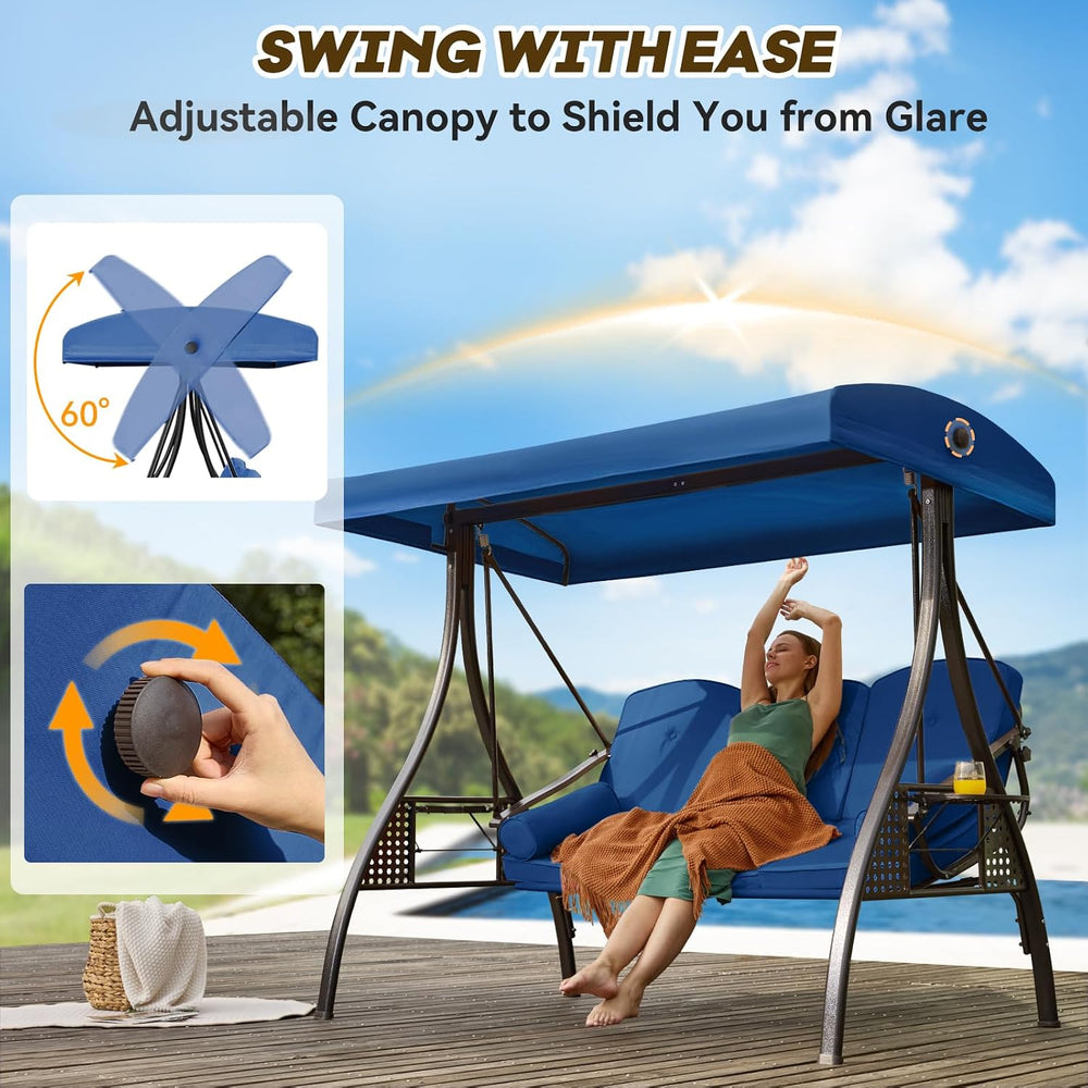 3 in 1 Outdoor Porch Swing with Adjustable Canopy, 3 Seat Outdoor Swing for A...