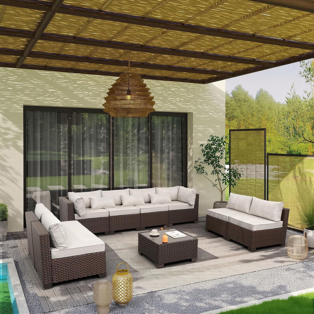 Rattaner 9 Pieces Outdoor Sectional All-Weather HDPE Brown Wicker Patio Furni...