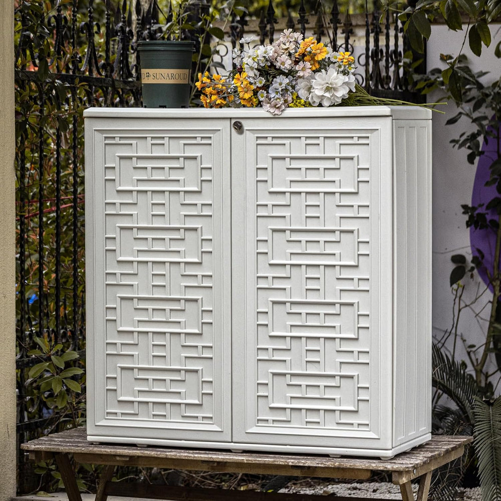 Mrosaa Indoor Outdoor Storage Cabinet Waterproof with Shelf, Off White Plasti...