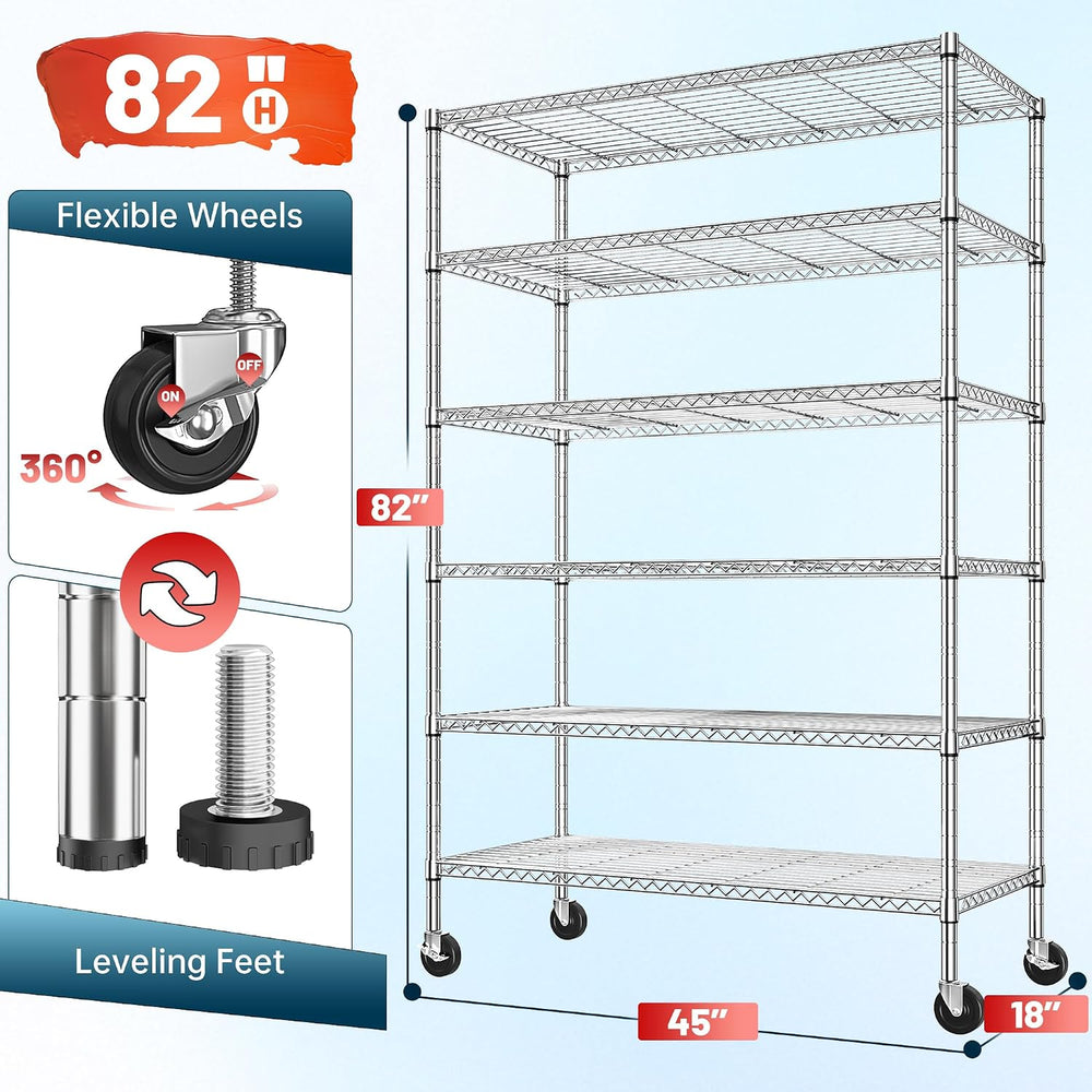 Romorgniz 6-Tier Rolling Storage Shelves with Locking Wheels, Garage Chrome