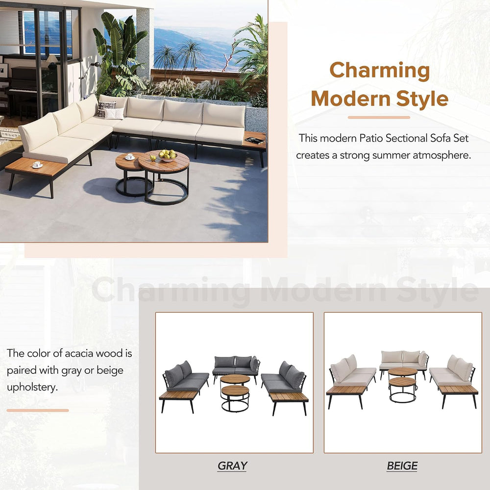 Modern Outdoor Sectional Sofa Set with Round Nesting Coffee Tables (Beige)