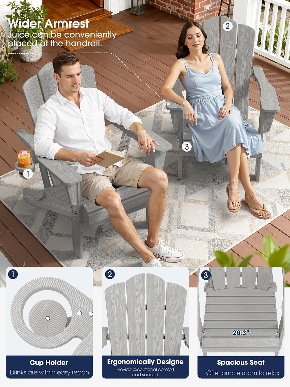 KINGYES Folding Adirondack Chair Set of 2 with Cup Holder, Silver Grey