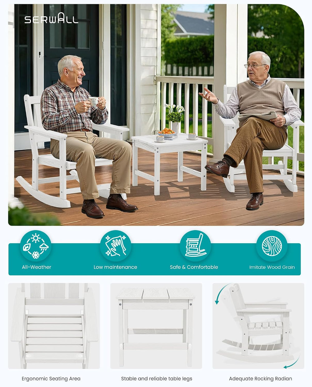 SERWALL 3-Piece Patio Furniture Set with 2 Rocking Chairs & Table, White