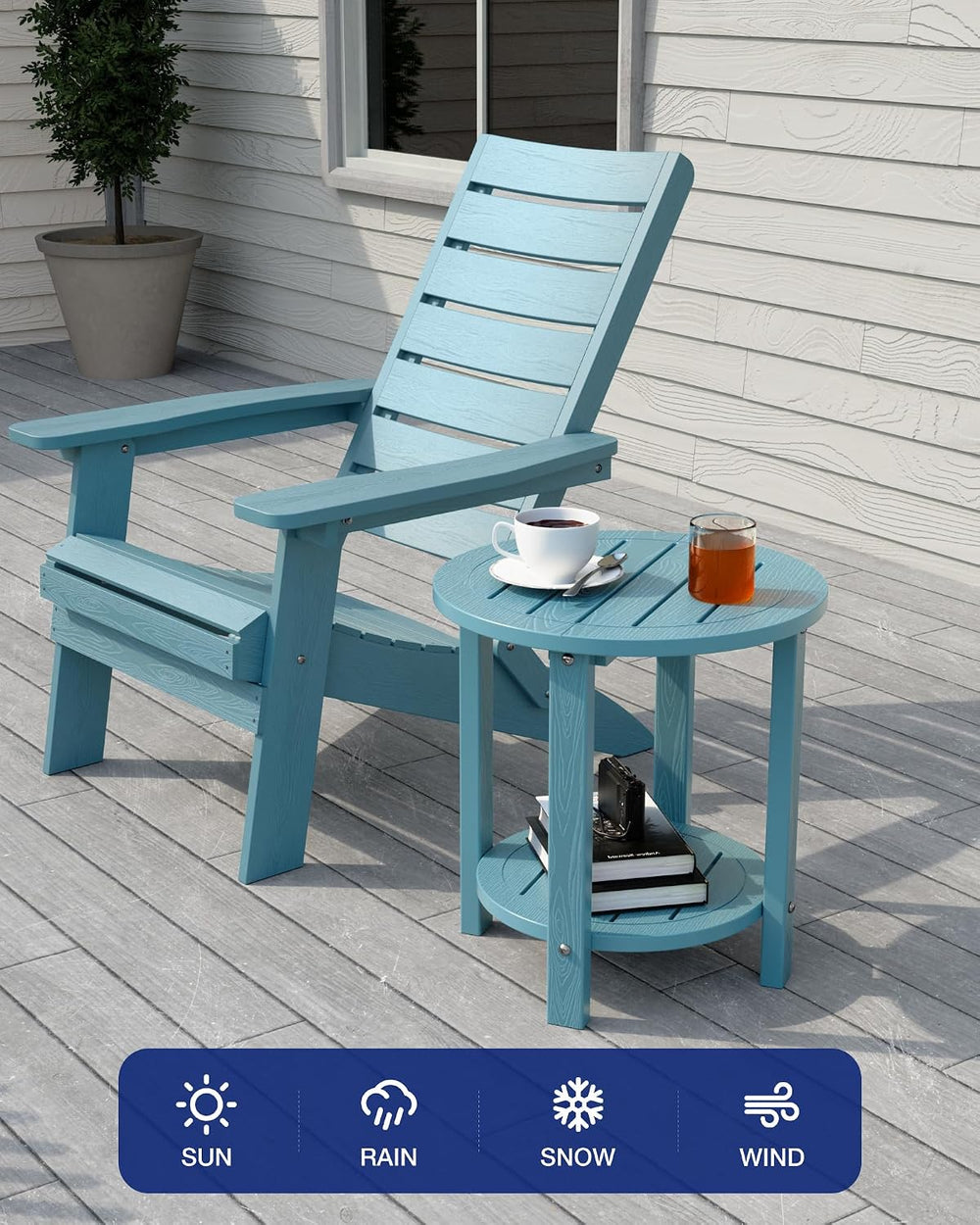 YEFU Adirondack Side Table, 16in Round, 2-Tier Storage End Table, Blue
