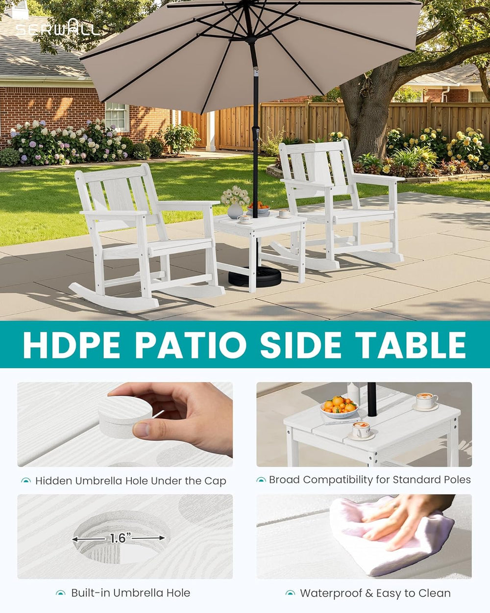 SERWALL 3-Piece Patio Furniture Set with 2 Rocking Chairs & Table, White
