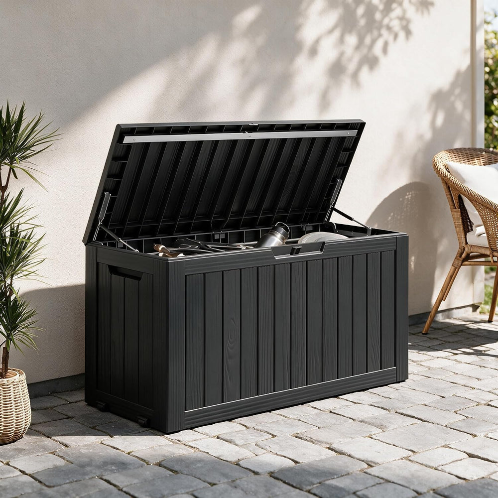 92 Gal Deck Box,Waterproof Resin Outdoor Storage Gas Lift,Lockable Black