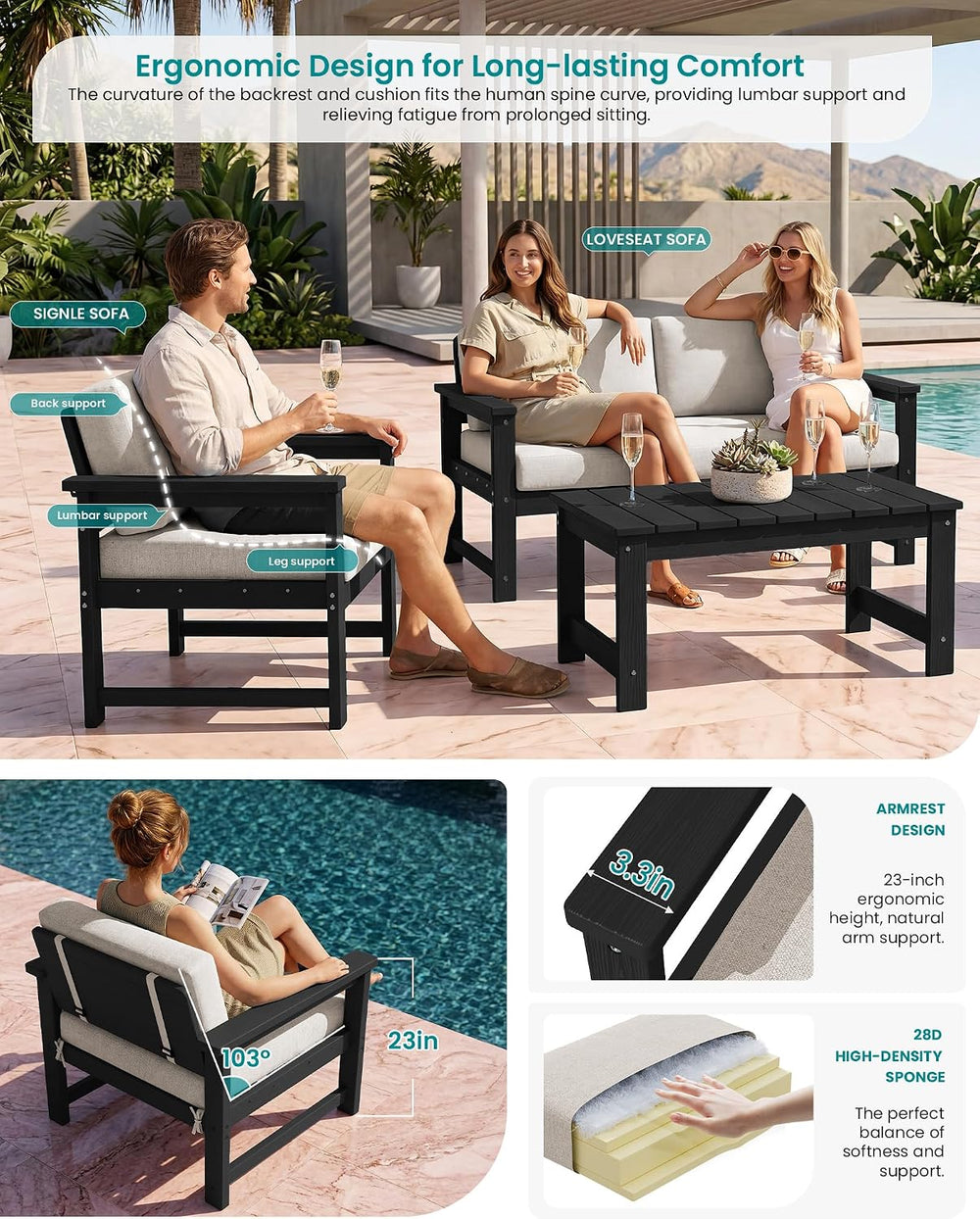 SERWALL 8 Pieces HDPE Outdoor Conversation Sofa Set with Cushion
