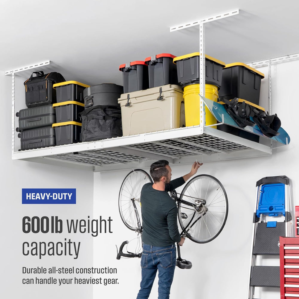 SafeRacks White 4x8 Overhead Storage Rack w/ 5-pc Hook Pack (24”-45" Drop)