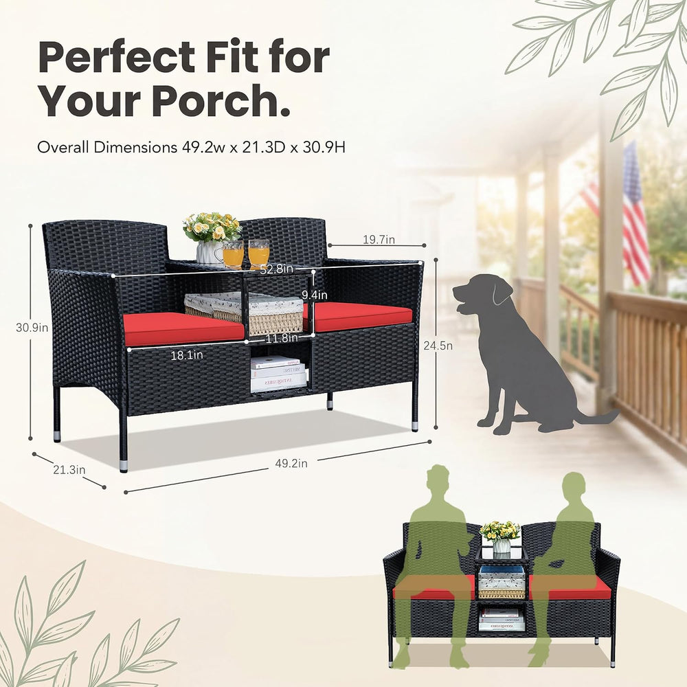Devoko Outdoor Patio Loveseat Rattan 2-Seat Patio Conversation Set, Red