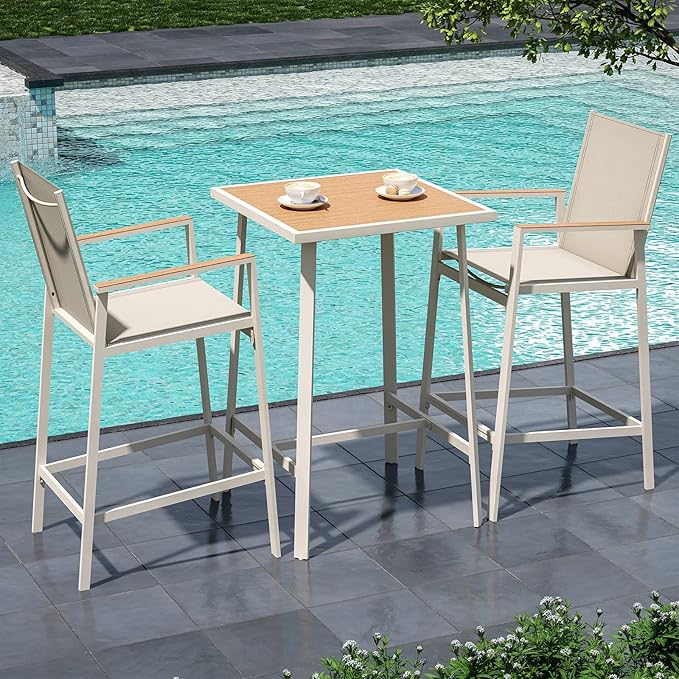LAUSAINT HOME 3-Piece Patio Bar Set, All Weather Textilene Bar Height Table a...