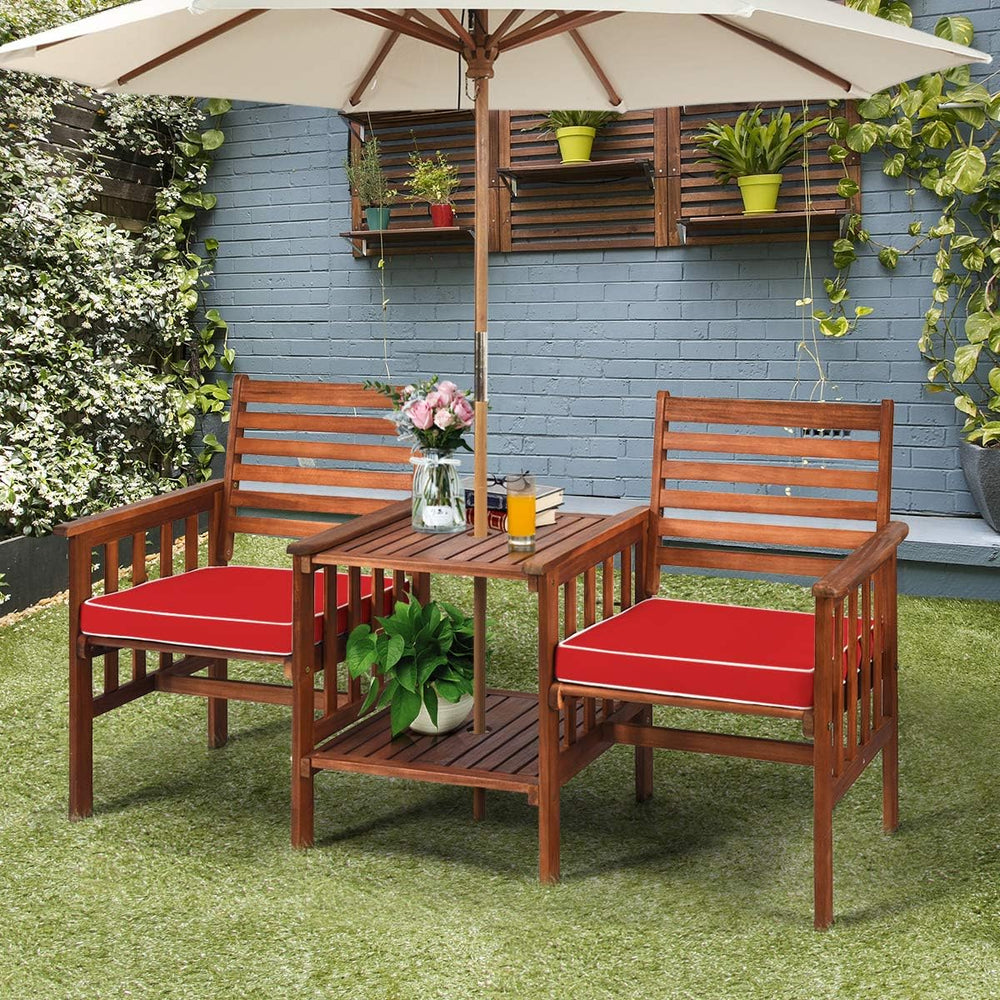 Tangkula Acacia Wood Loveseat, 3pcs Outdoor Table Chairs Set, Patio Conversat...
