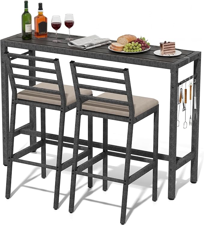 3Pcs Outdoor Patio Bar Set, 55" Rectangular High Top Table and Chairs Se...