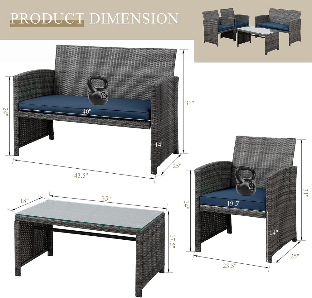 JAMFLY 4 Piece Outdoor Patio Furniture Set, Outdoor Wicker Rattan Chairs Conv...