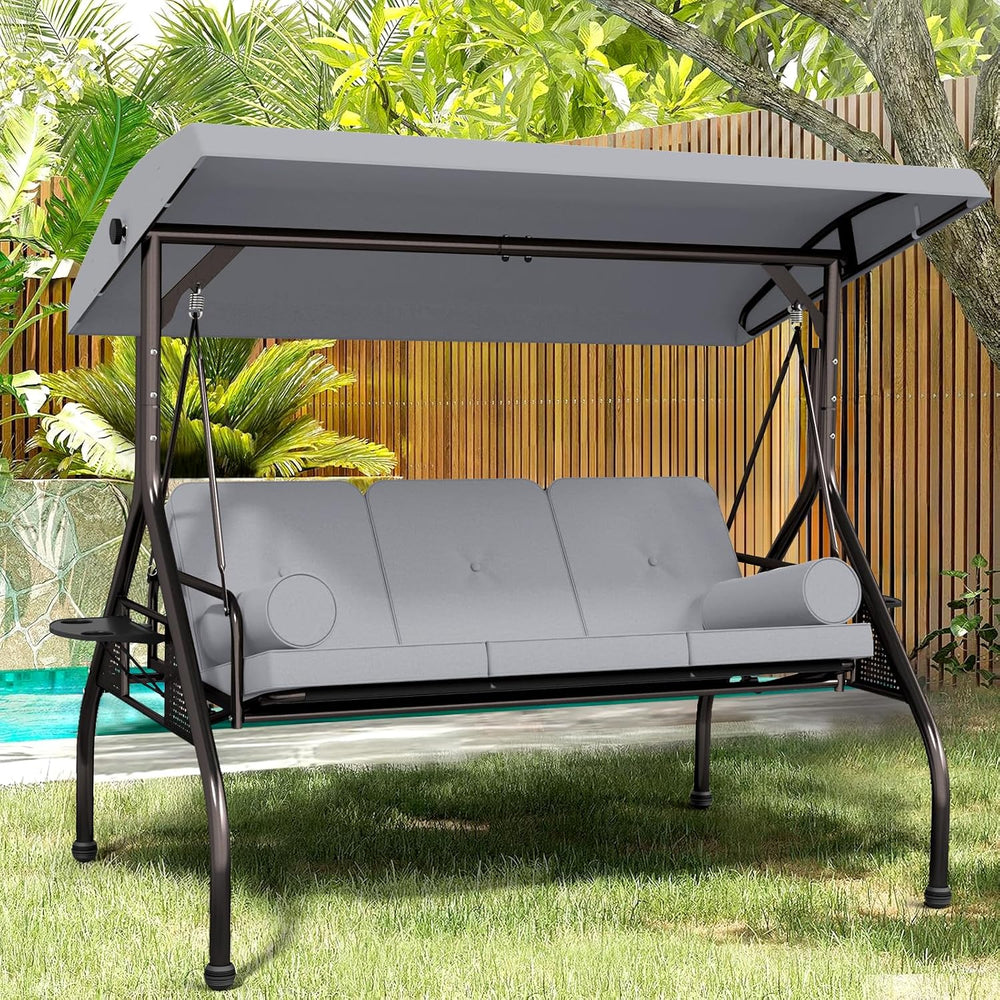 3-Seat Patio Swing Chair, Outdoor Porch Swing with Cushions,Pillows & Cup...