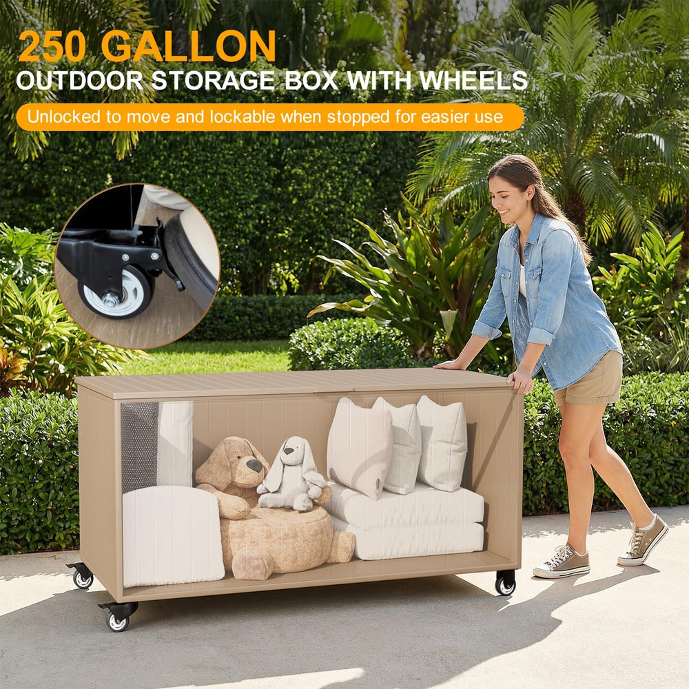 250 Gallon Metal Large Outdoor Deck Box with 4 Wheels, Brown