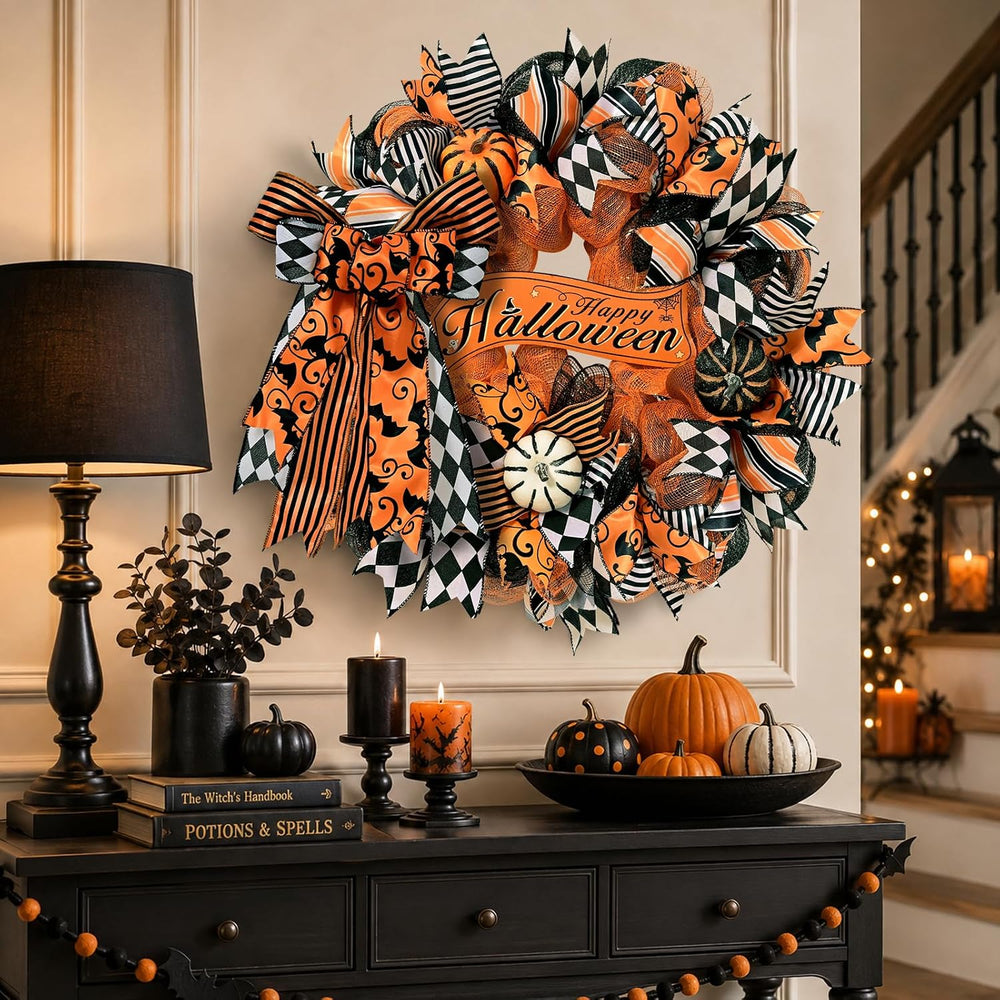 2 Pcs Halloween Wreaths for Front Door, Halloween Wreath with Ribbon Bow