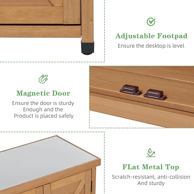 Outdoor Potting Bench with Storage Cabinet and Metal Top, Wood Workstation fo...