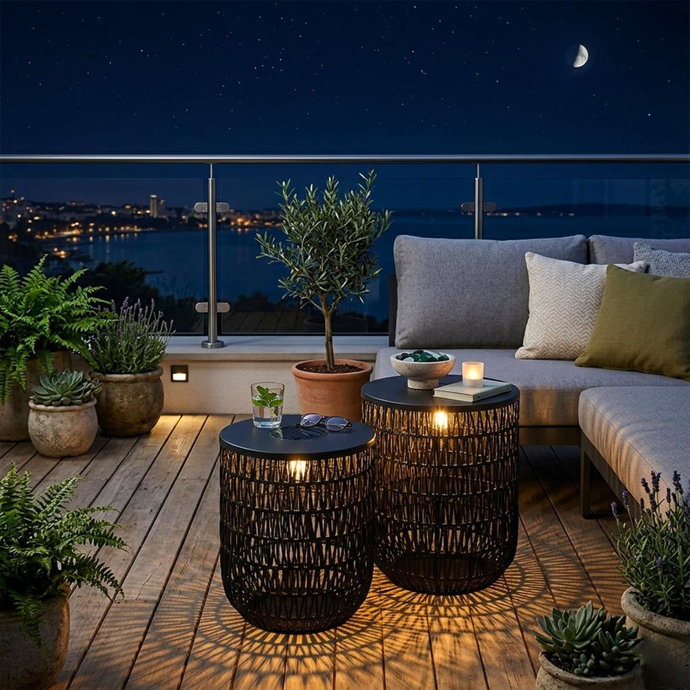 HMVPL Solar Black Outdoor Side Table Set of 2 with Dimmable Light, Round Pati...