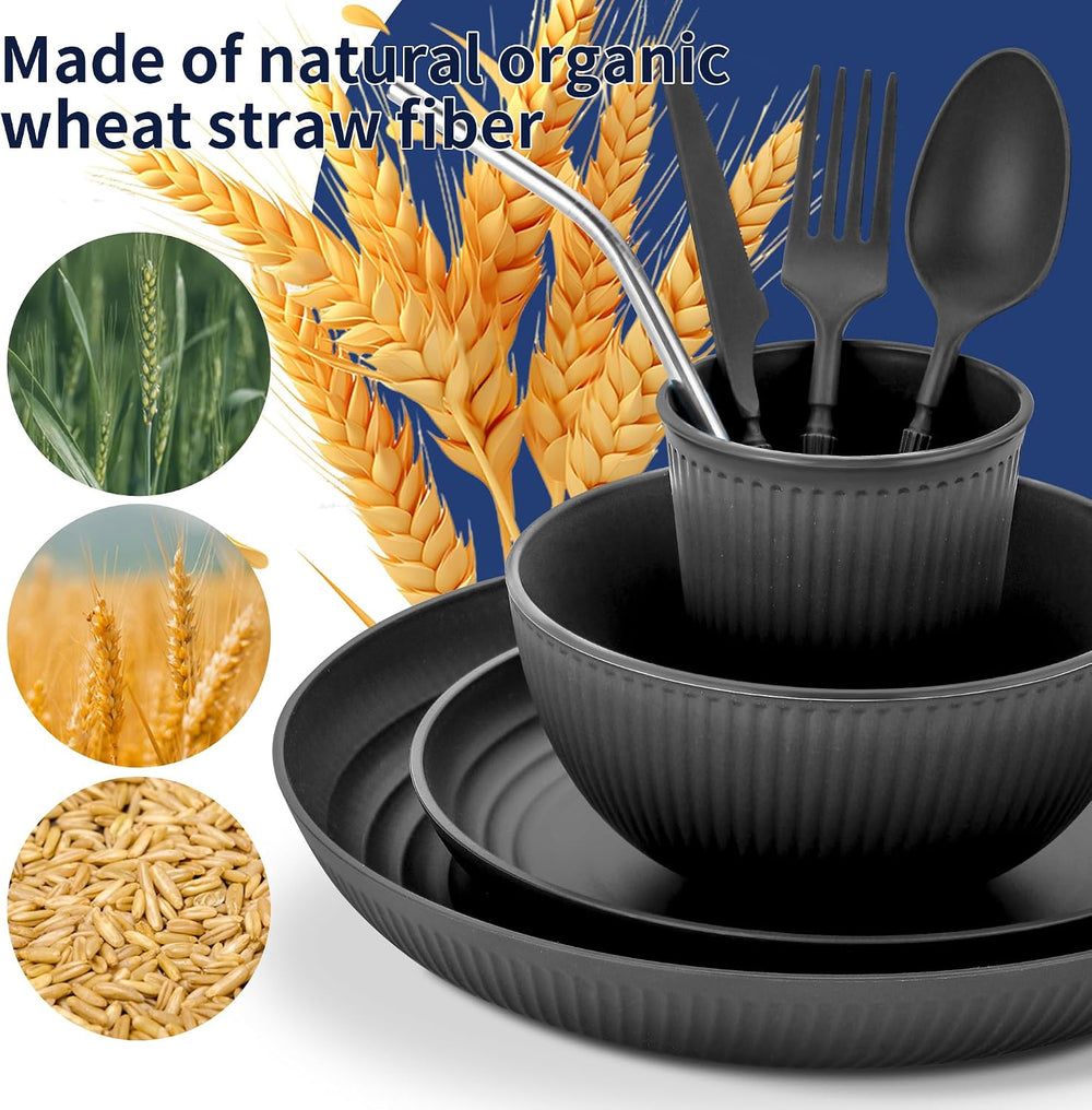Wheat Straw Dinnerware Sets,64-Piece Black Plates and Bowls Sets for 8-Unbrea...