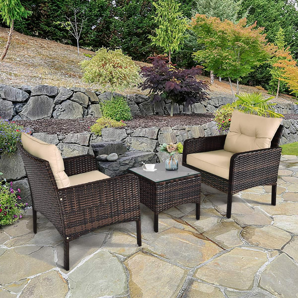 HAPPYGRILL 3 Pieces Patio Furniture Set, Outdoor Rattan Wicker Conversation S...