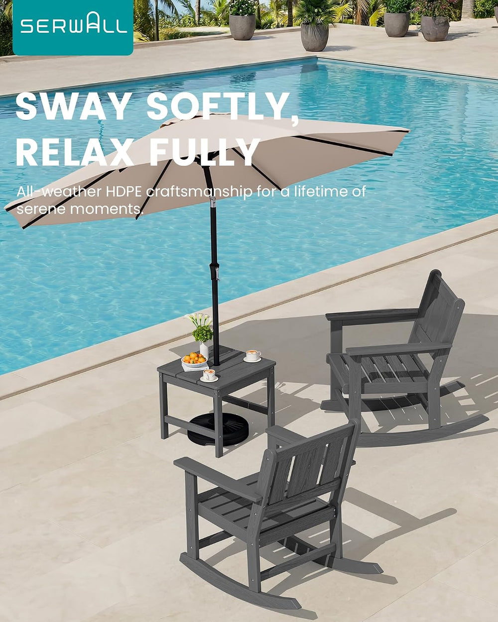 SERWALL 3-Piece Patio Furniture Set with 2 Rocking Chairs & Table, Grey