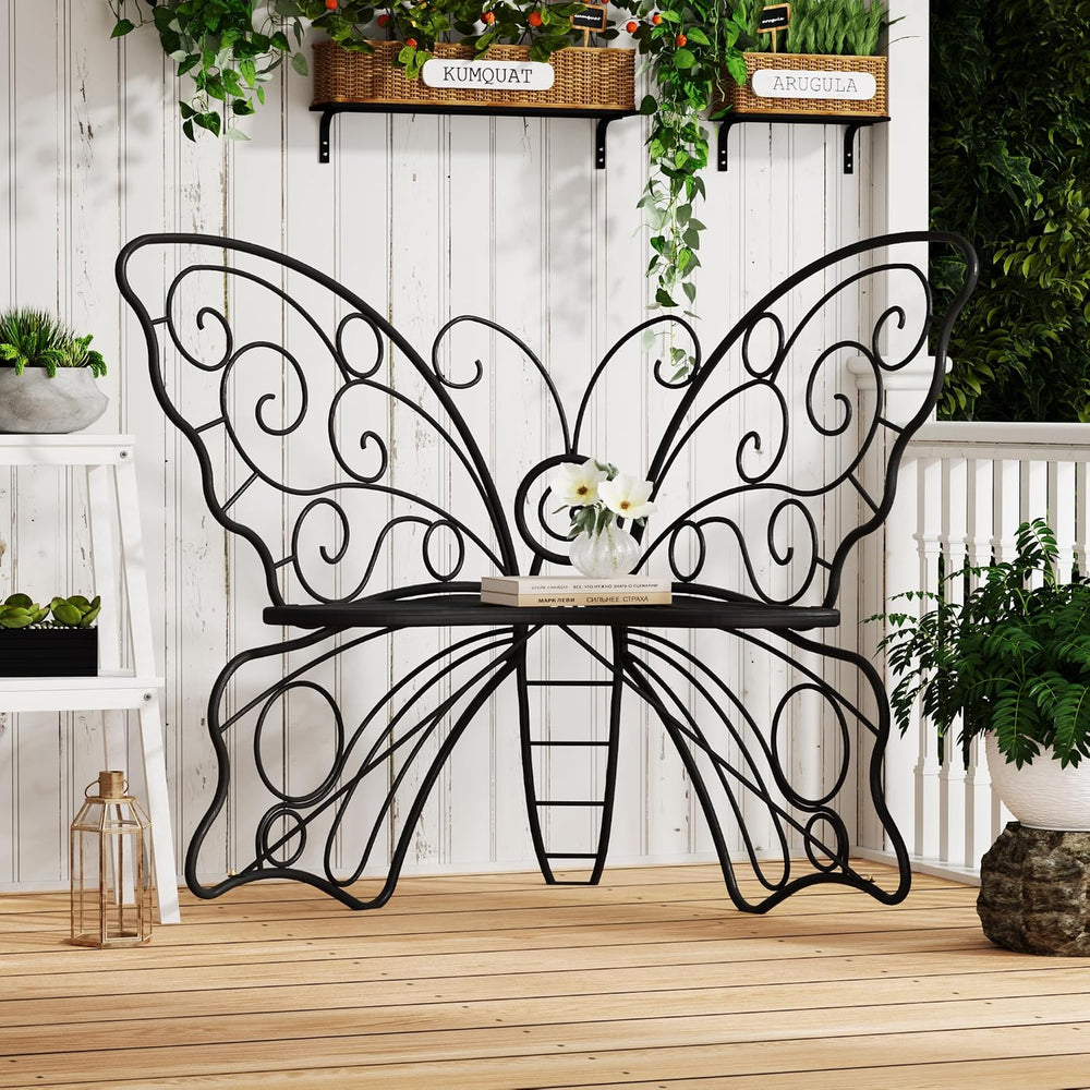 49 Inch Outdoor Butterfly Bench with Cast Iron Metal Frame, Black