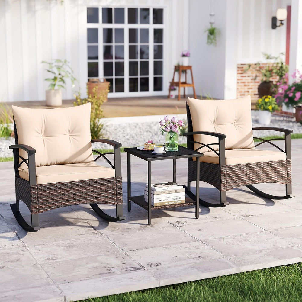 Tangkula 3 Pieces Wicker Outdoor Rocking Chairs Set