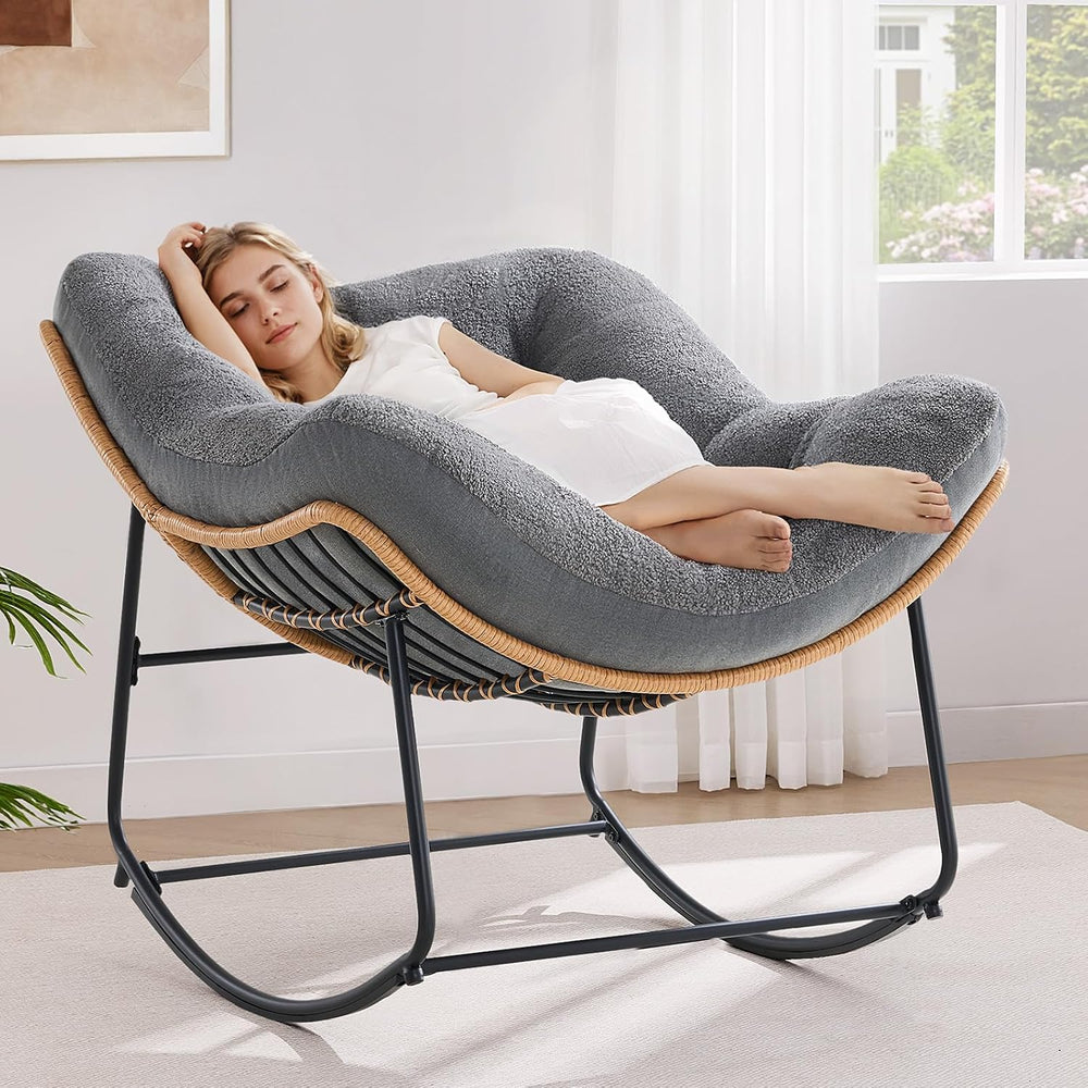ONBRILL Outdoor Rocking Chairs, Oversized Papasan Rocking Chair, Gray
