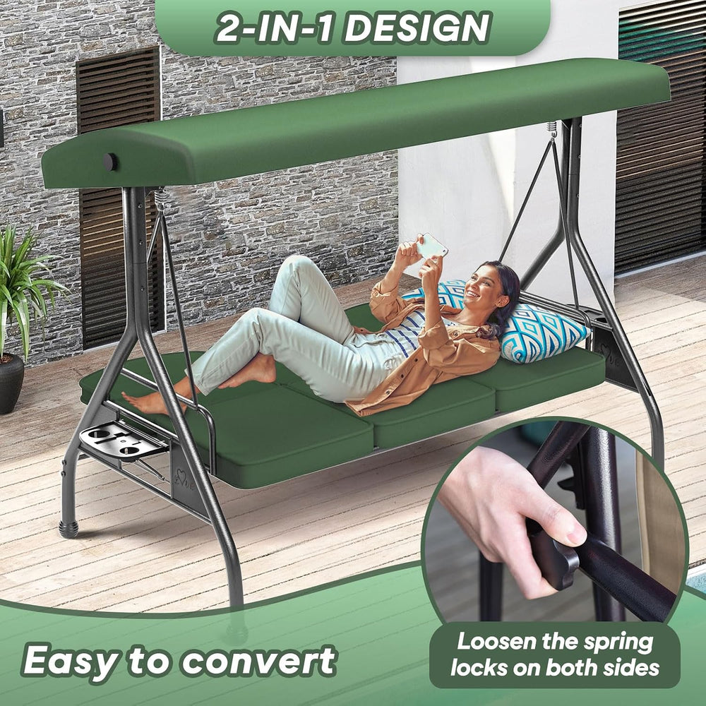 ZZW 3 Seat Outdoor Porch Patio Swing with Stand 800lbs 2-in-1 Convertible Swi...