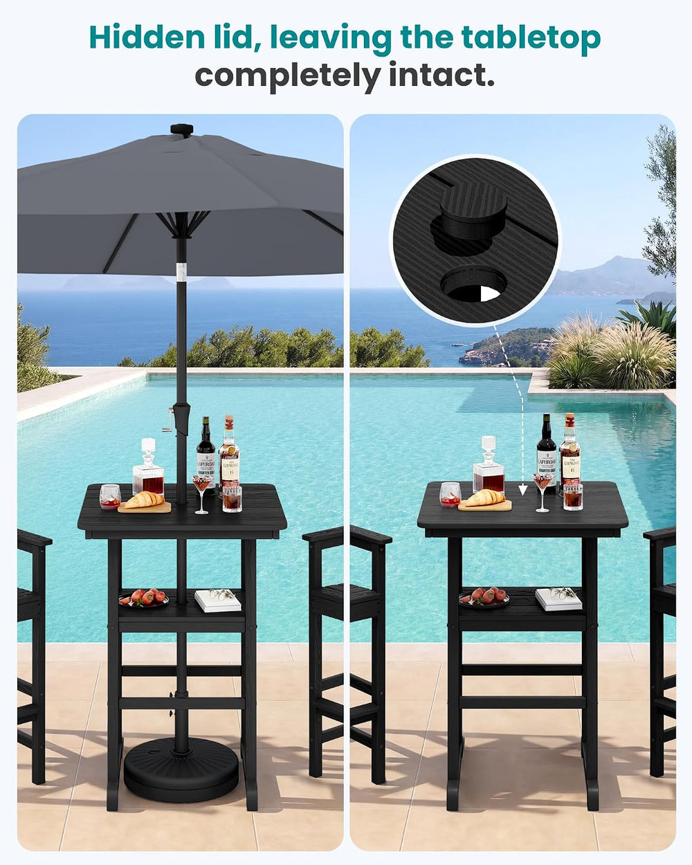 SERWALL 3 Pcs HDPE Bar Height Chairs and Double Layer Pub Table Set, Black