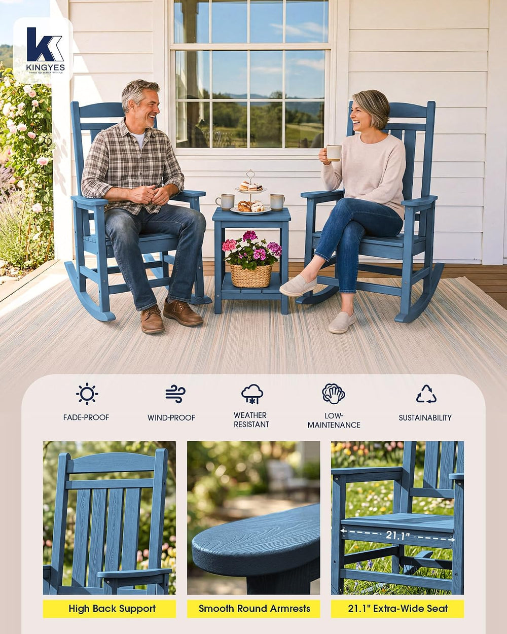 Oversized Outdoor Rocking Chair for Adults, Porch Rockers, Blue