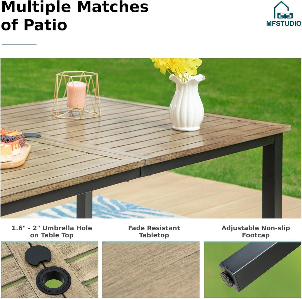 MFSTUDIO Patio Dining Set for 6 w/Wood-Grain Metal Table & Swivel Chairs