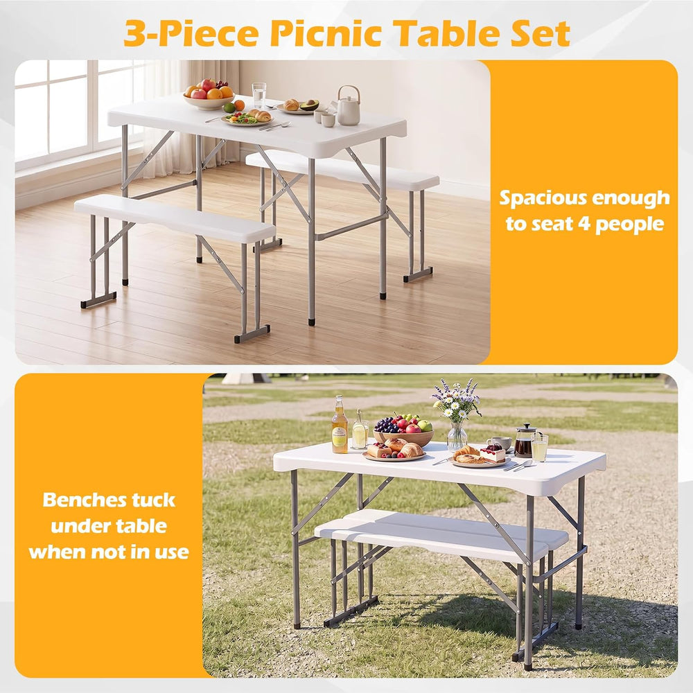 GIANTEX Folding Picnic Table Set w/ 2 Benches, 44" HDPE, White