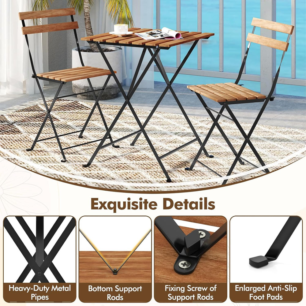 GIANTEX 3-Piece Acacia Wood Bistro Set, Patio Bistro Table with 2 Folding Cha...