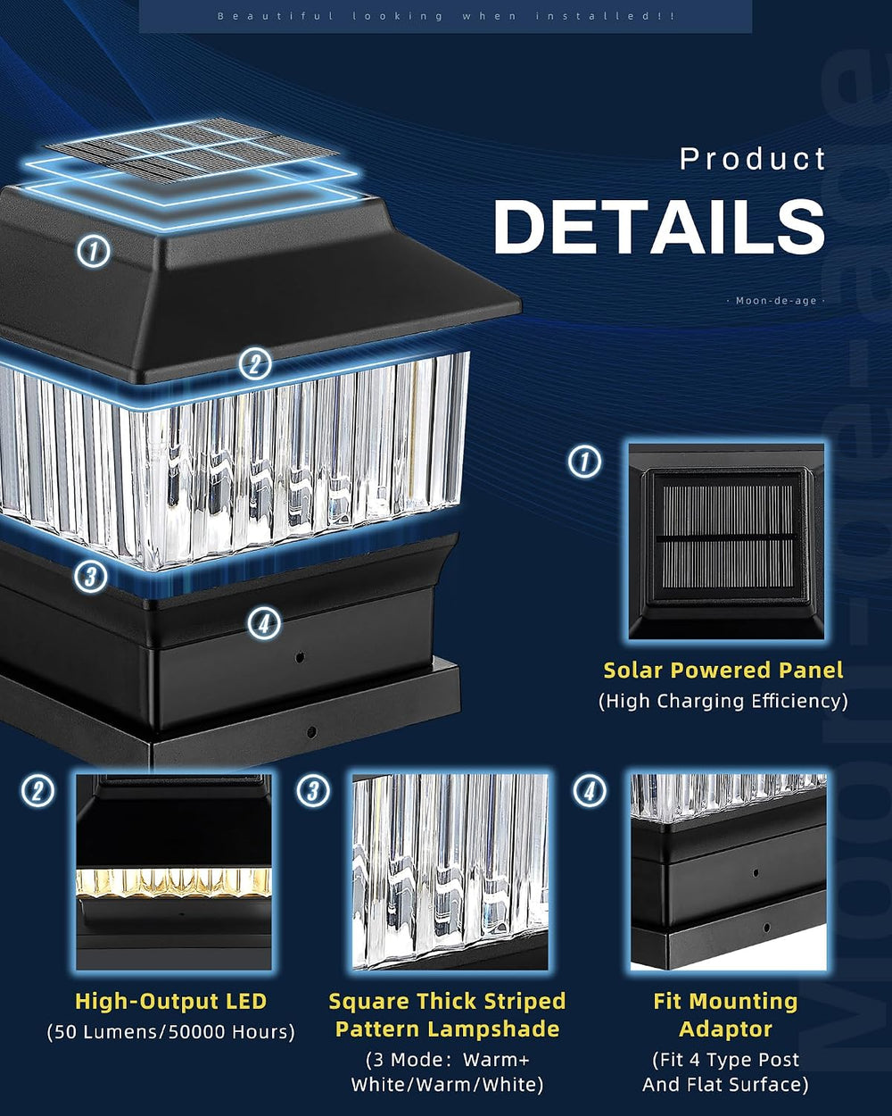 3.5x3.5 Solar Post Cap Lights, 3 Modes, Black, 6 Pack
