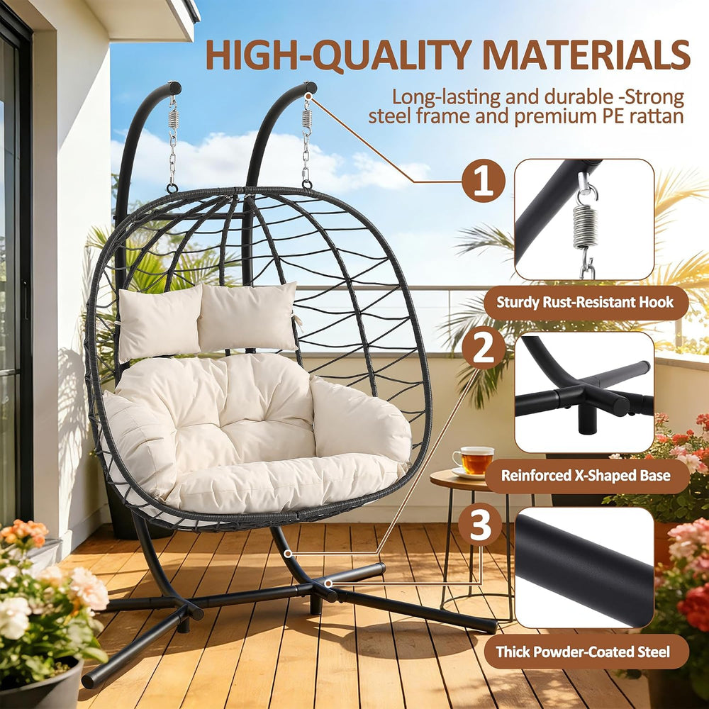 Double Egg Chair with Stand, 650 LBS Capacity, Beige