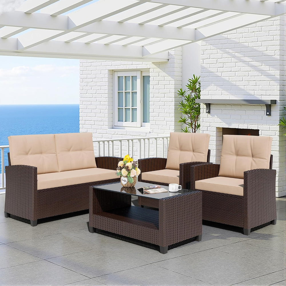 Shintenchi 4 Piece Patio Furniture Set, Outdoor Rattan Conversation Set with ...