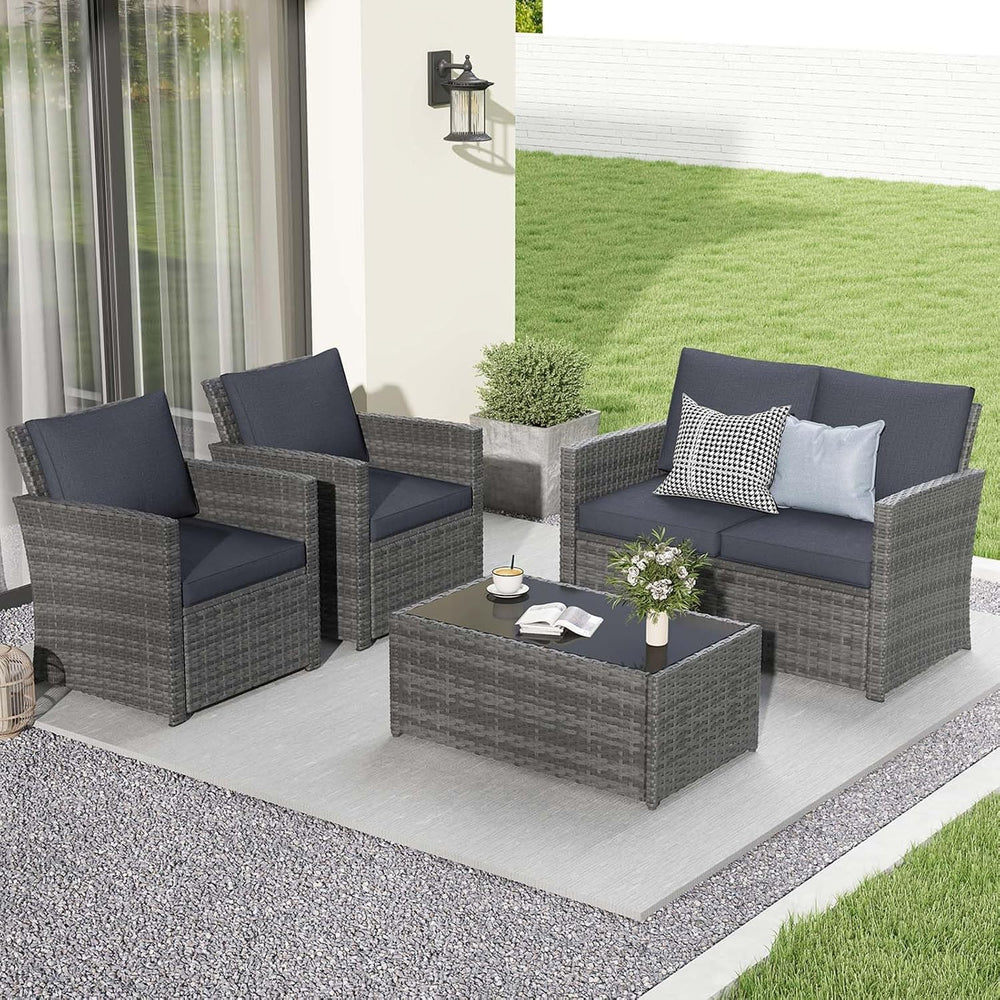JOIVI 4 Piece Patio Furniture Set, Wicker Patio Conversation Set, Dark Gray