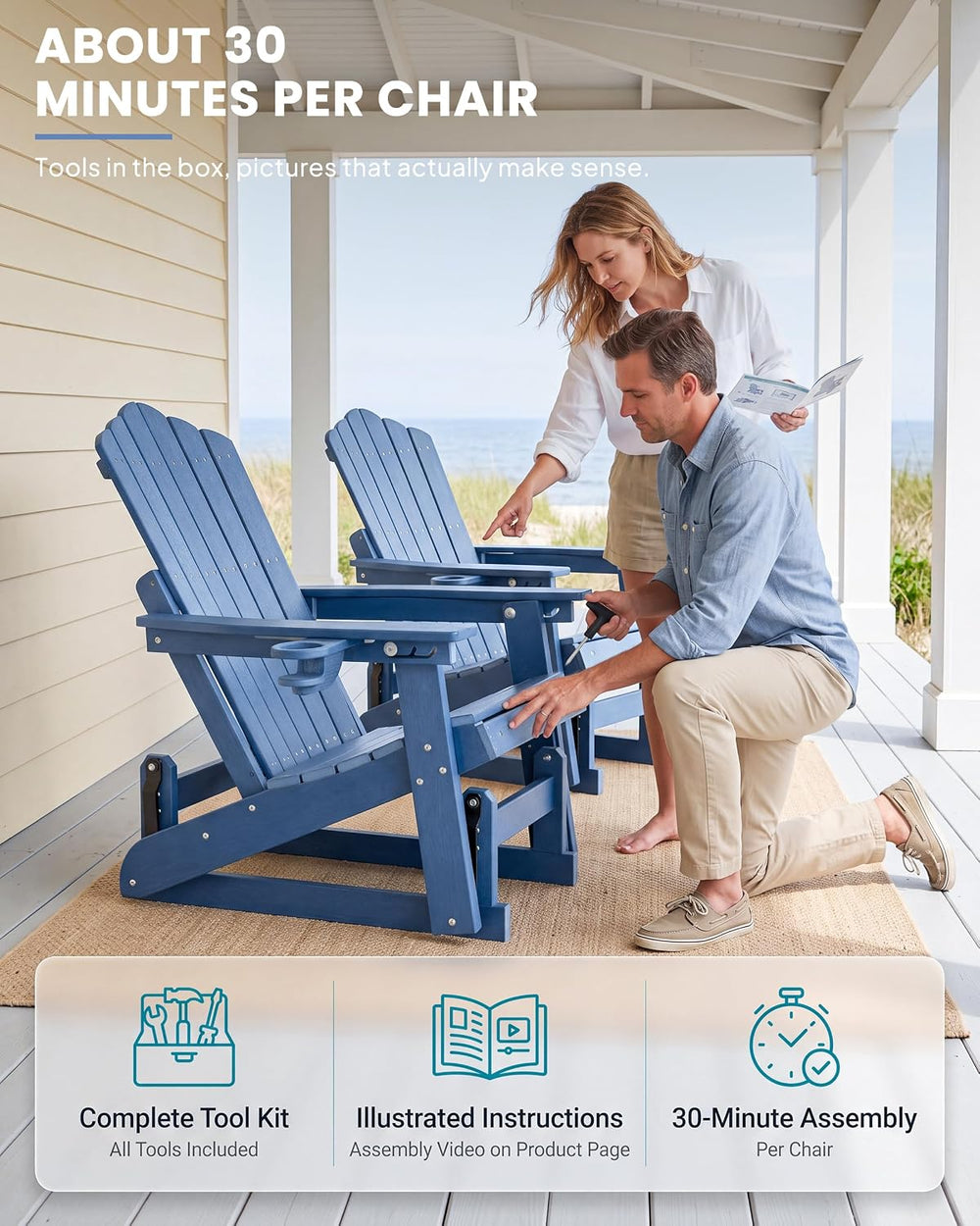 Adirondack Glider Chair Set of 2, Retractable Ottoman & Adjustable Backrest