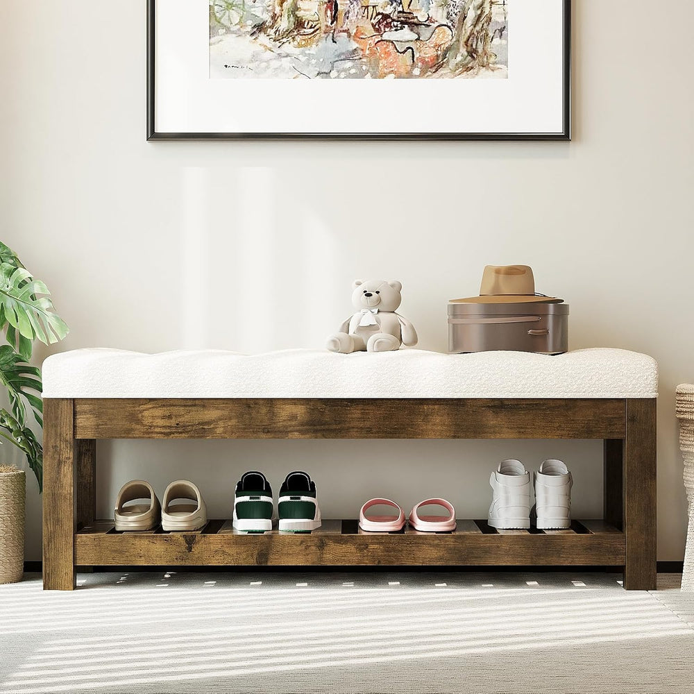 47.2" Upholstered Ottoman Bench with Wood Storage Shelf