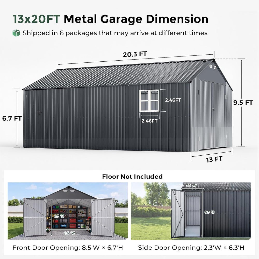 13x20x9.5 FT Outdoor Metal Garage, Enclosed Carport with Solar Light Bars