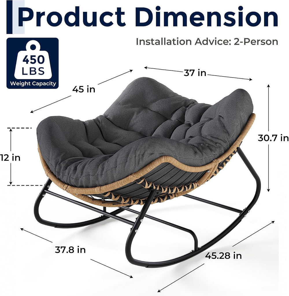 SWITTE Papasan Rocking Chair, Outdoor Wicker Egg Rocker with Cushion, Grey