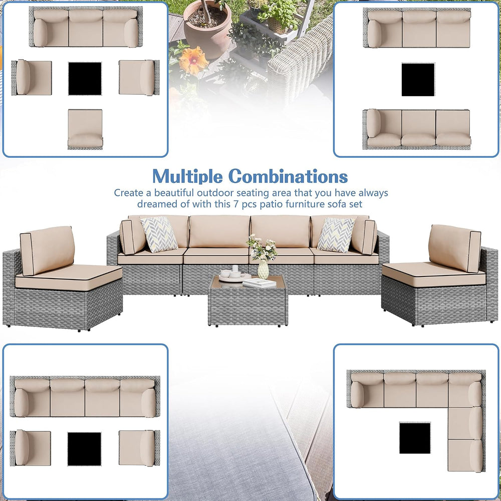 Shintenchi 7 Pieces Outdoor Patio Sectional Sofa Couch, Silver Gray PE Wicker...