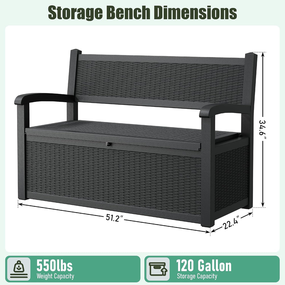 120 Gallon Outdoor Storage Bench, Storage Bench, Deck Box, Black